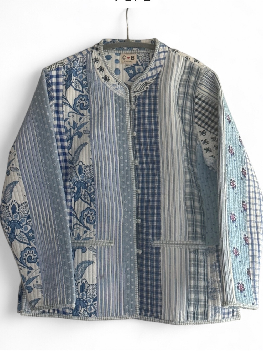 Rare CB Positano Upcycled Quilted Patchwork Jacket Blue White Gingham Toile M/L